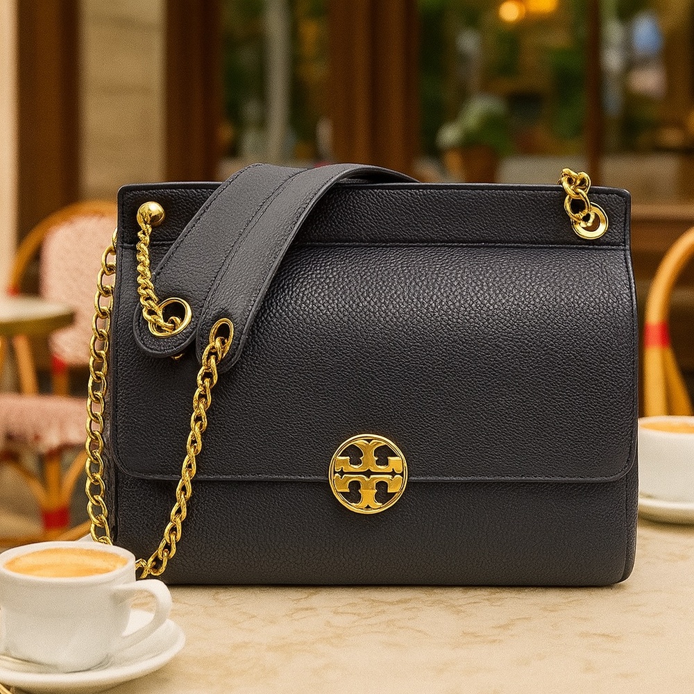 NEW Tory Burch Chelsea Black Flap Saddle Convertible Shoulder Bag/Crossbody Bag